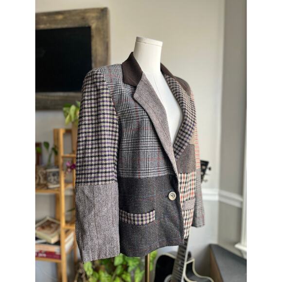 Vintage 90s Brown Plaid Patchwork Wool Blend Blazer Jacket Size Small - Picture 2 of 6